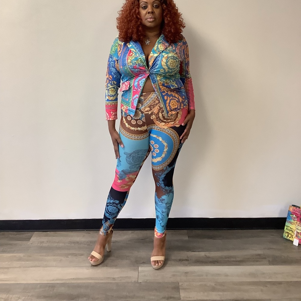 Women's Autumn Color Tropical Print Long Sleeve Top & Leggings -2 Piece Set